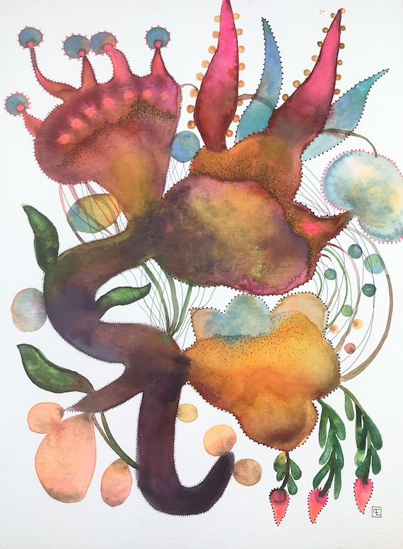 Abstract flowers, original watercolor painting, colorful abstract flowers, Eva Fialka