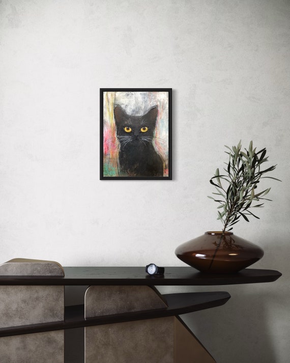 Moon, abstract black cat, original acrylic painting on canvas, Eva Fialka