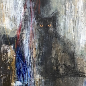 Akasha, Original abstraktes Acrylgemälde, schwarze Katze, Eva Fialka