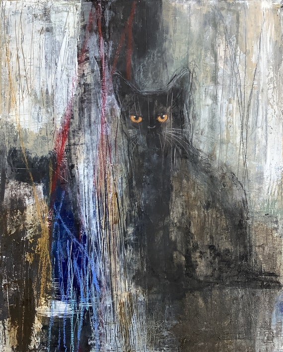 Akasha, original abstract acrylic painting, black cat, Eva Fialka