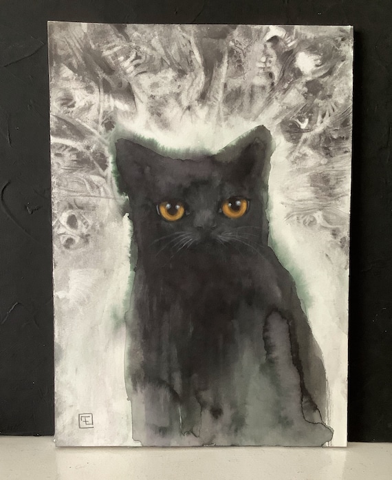 Dark cat, painting and original drawing on paper by Eva Fialka