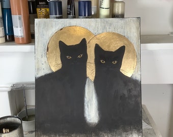 Cats, Peinture acrylique originale sur toile , chats noirs, Eva Fialka