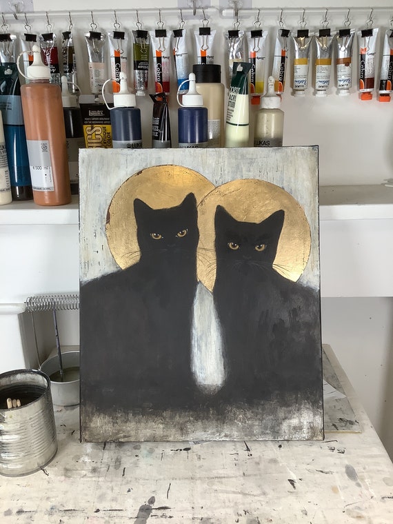 Cats, Original acrylic painting on canvas, black cats, Eva Fialka