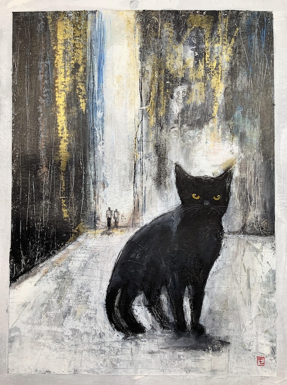 Street, original painting of black kitten, acrylic and gouache on paper, Eva Fialka