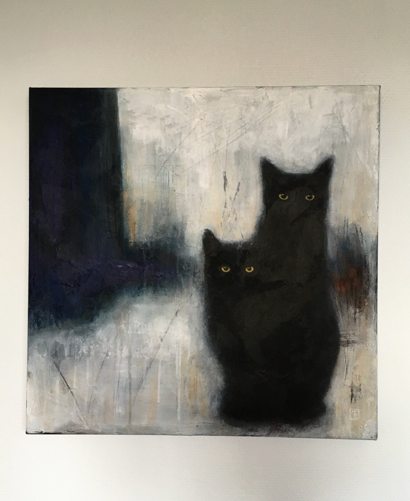 Original abstract cat painting, black cats,acrylic painting