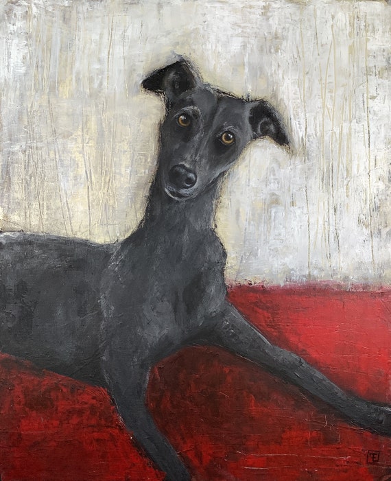 Greyhound on red carpet, whippet dog portrait acrylic painting Eva Fialka