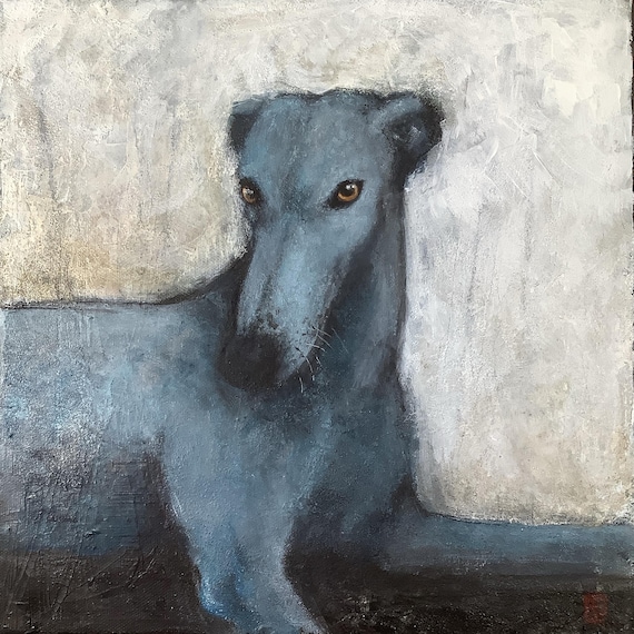 Alex, greyhound dog portrait, original painting, acrylic on canvas, Eva Fialka