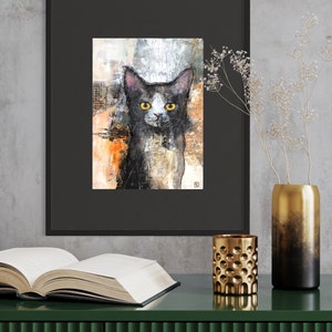 Dorian, chat noir abstrait, peinture acrylique originale sur panneau de bois, Eva Fialka