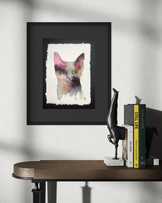 Abstract cat, colorful abstract cat, original watercolor painting by Eva Fialka