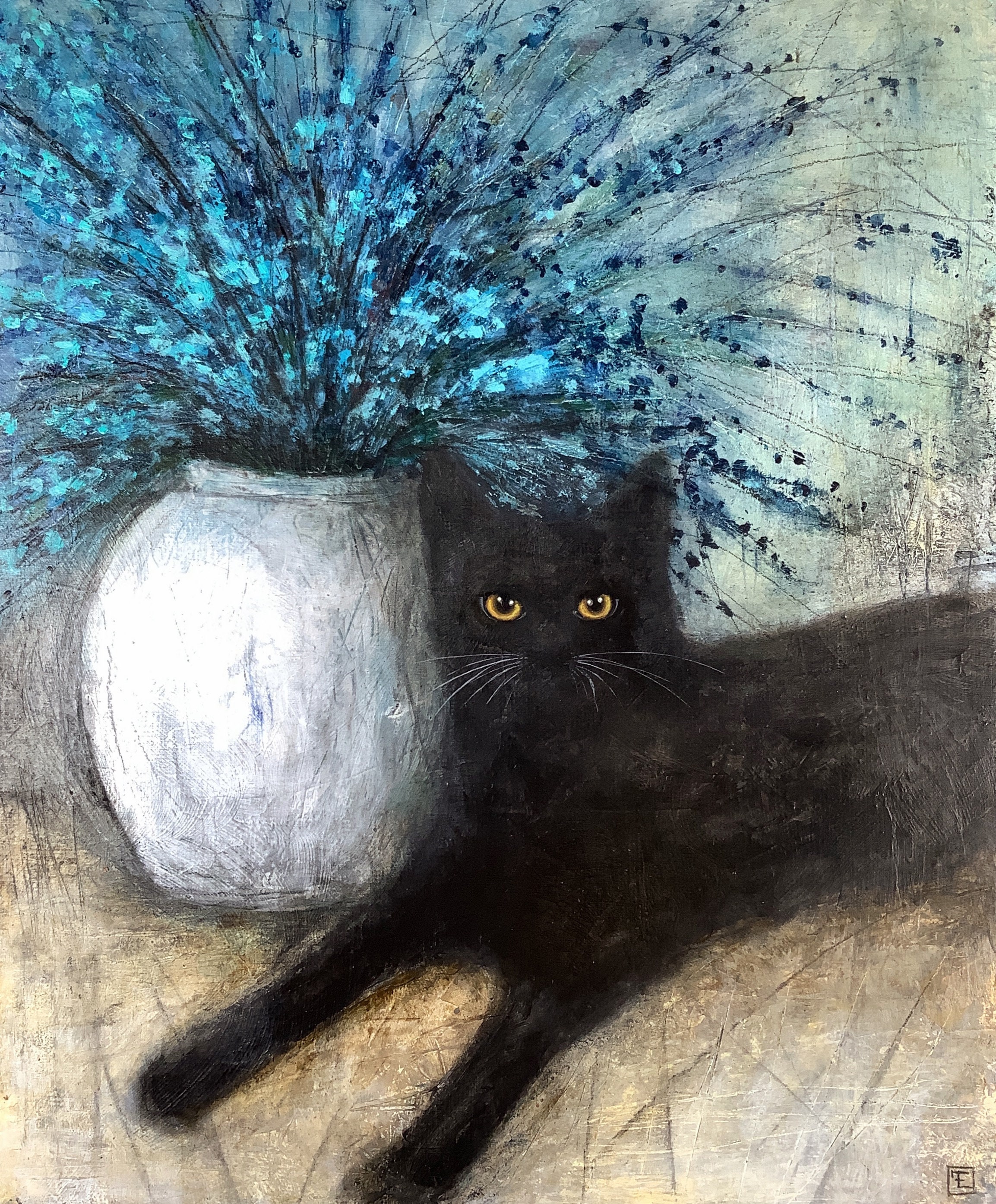 Blue flowers abstract acrylic painting, black cats, original on canvas