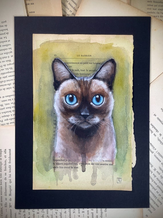 Koko, siamese cat portrait, original acrylic painting on ancient book page by Eva Fialka