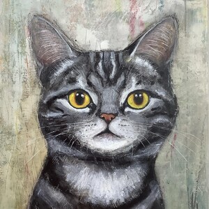 Tabby kitty, portrait de chat tigré, peinture originale de Eva Fialka