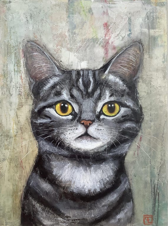 Tabby kitty, tabby cat portrait, original painting by Eva Fialka