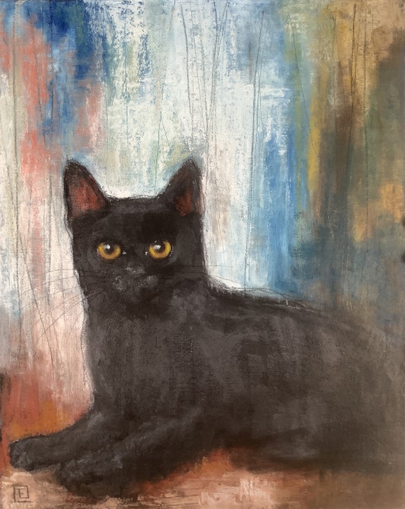 Black cat, cat portrait, original pastel oil drawing, Eva Fialka