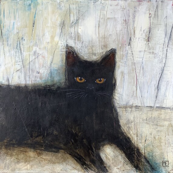 Chat noir abstrait, peinture acrylique sur toile, Eva Fialka
