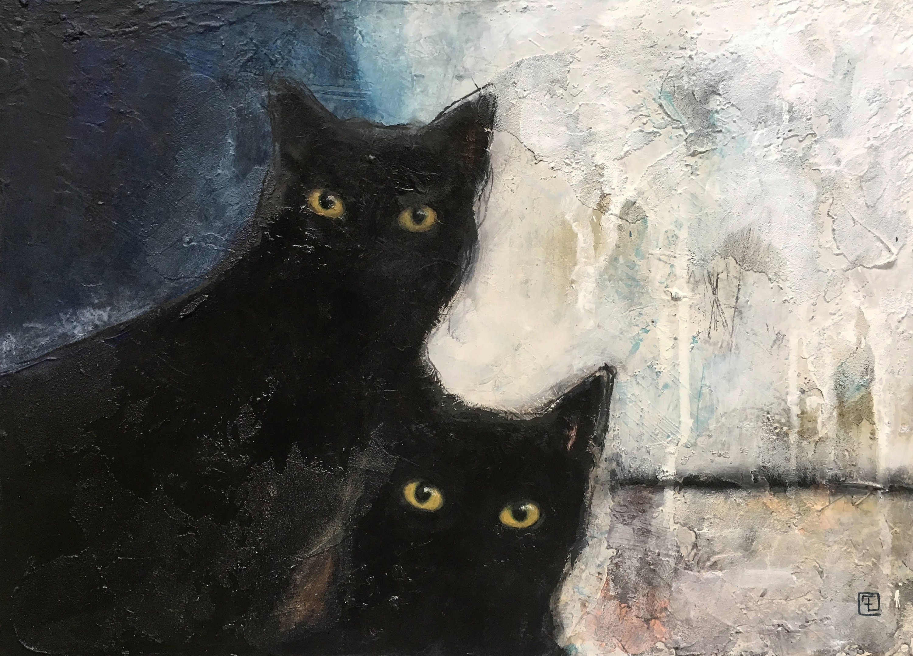 Original abstract  cat  painting black cats  acrylic painting