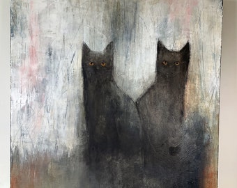 Deux chats, Peinture acrylique abstraite originale sur toile , Eva Fialka