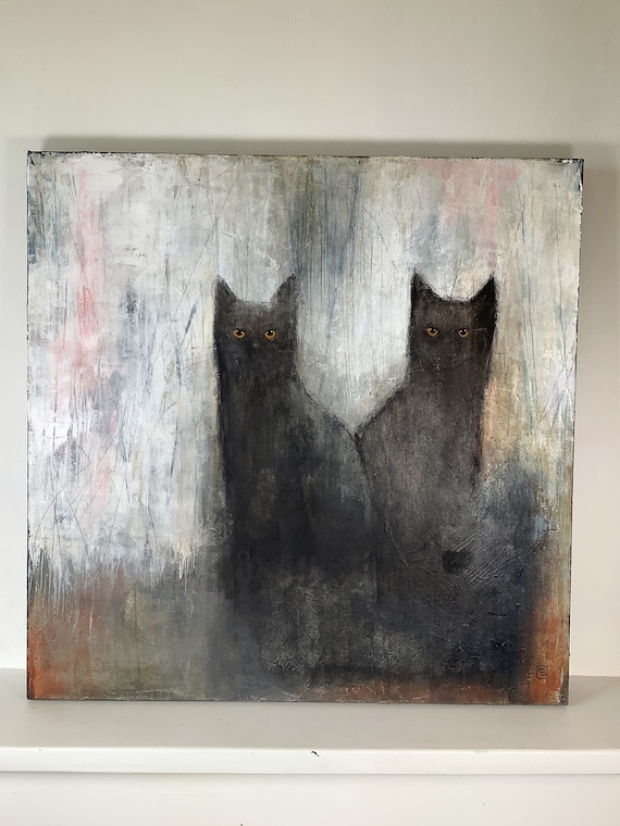 Two cats, Original abstract acrylic painting on canvas, Eva Fialka