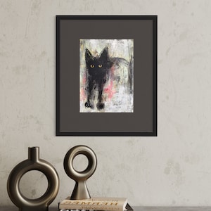 Réglisse, chat noir abstrait, peinture acrylique originale sur panneau de bois, Eva Fialka
