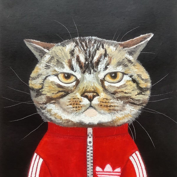 Big, peinture originale, pastel à l’huile, portrait chat en survêtement, Eva FIALKa.