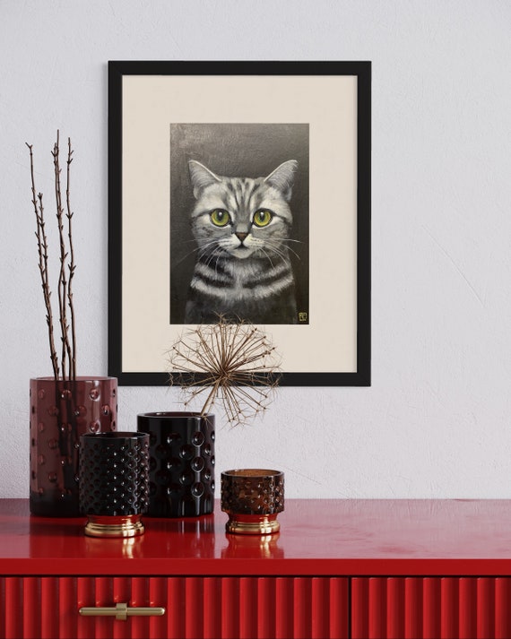 Duke, tabby kitten portrait, original painting, acrylic on paper. Eva Fialka