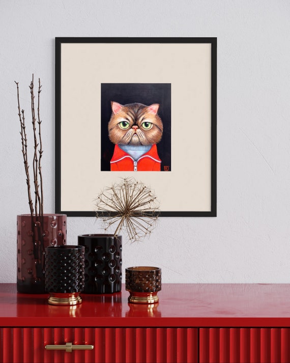 Dirk, portrait of an exotic cat in a tracksuit, dry pastel drawing on paper, Eva Fialka