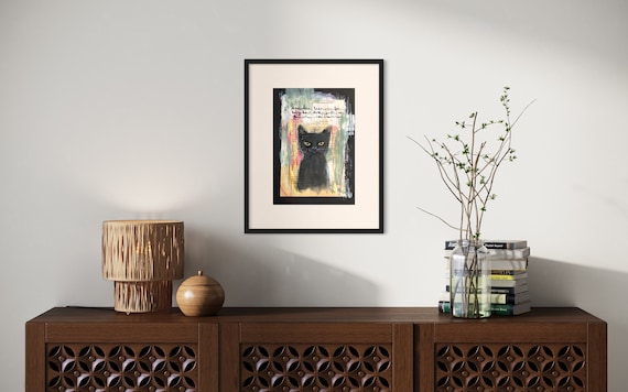 Black, painting, original collage black cat on paper, Eva Fialka
