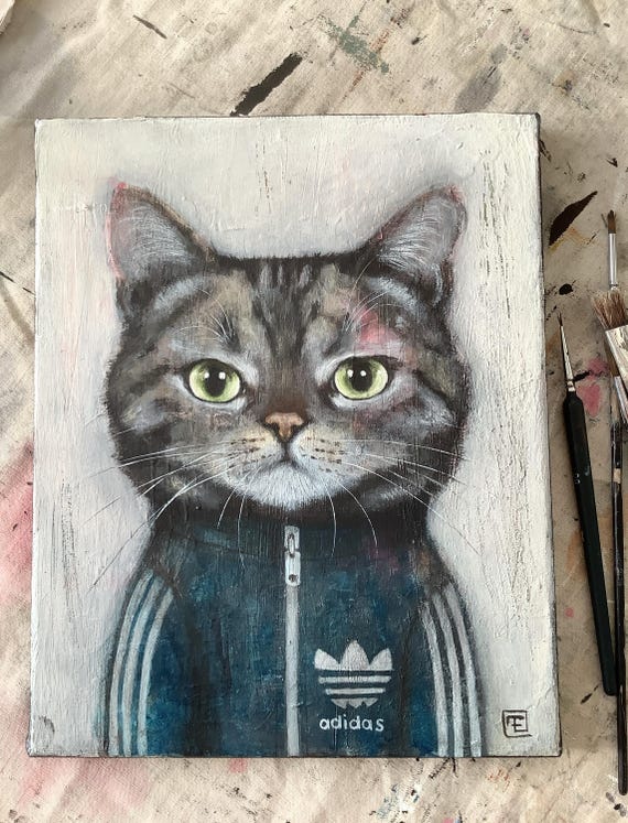 Harry, portrait of a cat in a tracksuit, original painting, acrylic on canvas. Eva Fialka