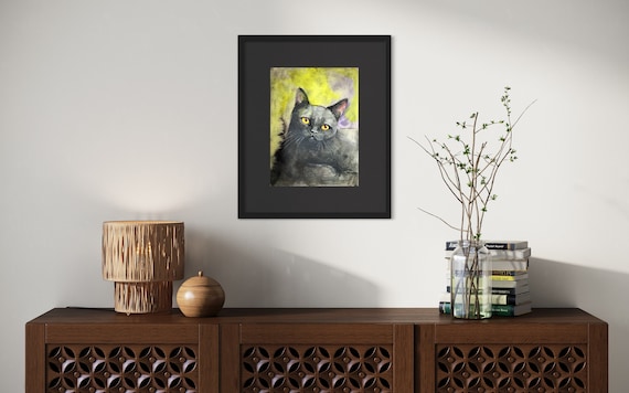 Dusk, abstract portrait of black cat, original painting, watercolor and ink on paper. Eva Fialka