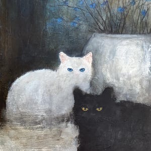 Bleu, peinture acrylique originale, chats noir et blanc, Eva Fialka