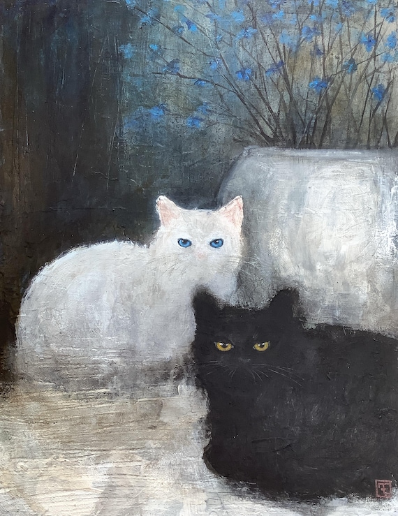 Blue, original acrylic painting, black and white cats, Eva Fialka