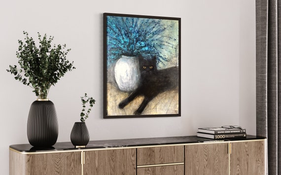 Blue flowers abstract acrylic painting, black cats, original on canvas, Eva Fialka