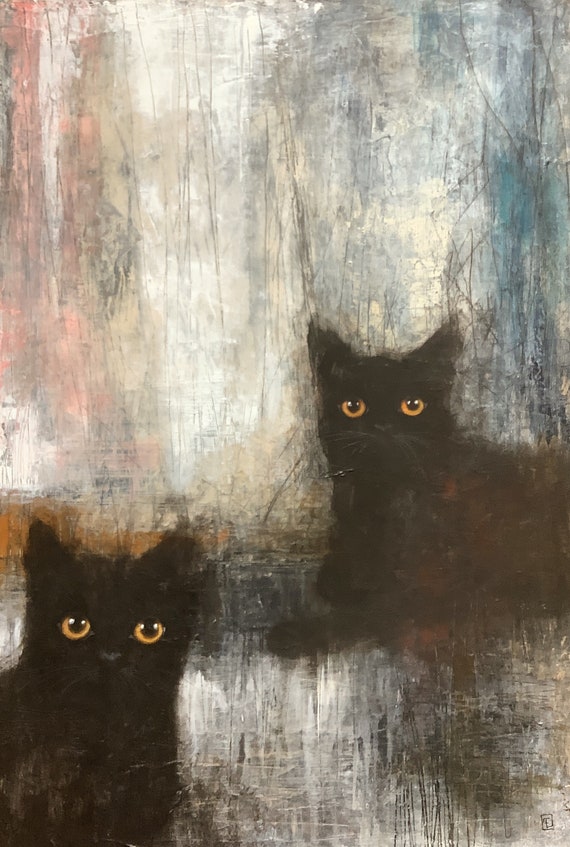 Quiet, Abstract acrylic painting, black cats, original on canvas, Eva Fialka