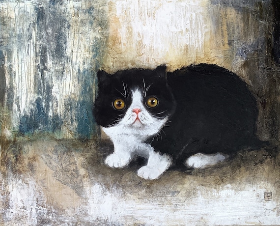 Cute little exotic cat, original acrylic painting on cardboard by Eva Fialka