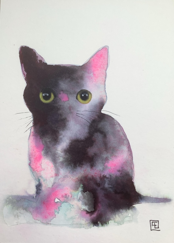 Pink kitty, pink abstract kitten, original watercolor painting by Eva Fialka