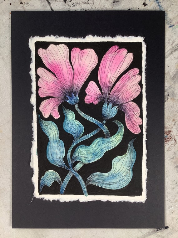 Pink flowers, original painting, watercolor and gouache on paper. Eva Fialka