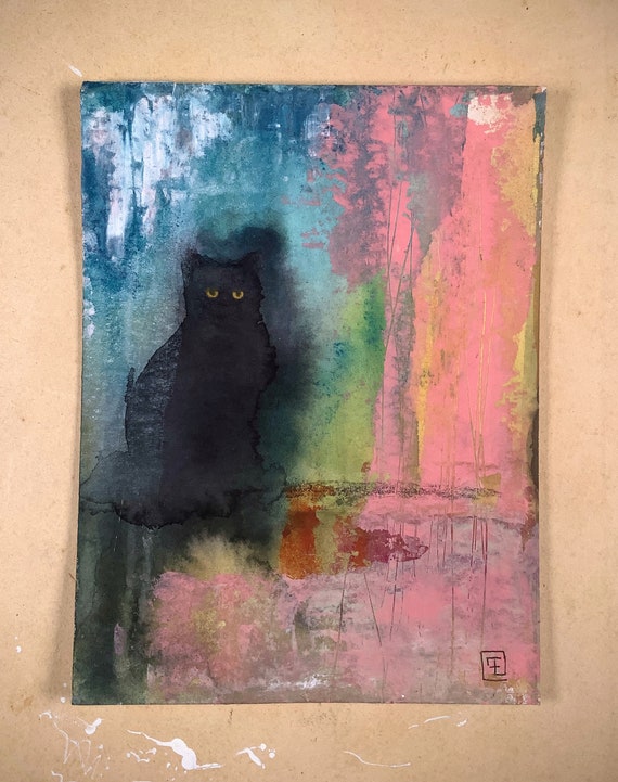 Abstract Black Cat #2, original watercolor and acrylic painting on Eva Fialka paper