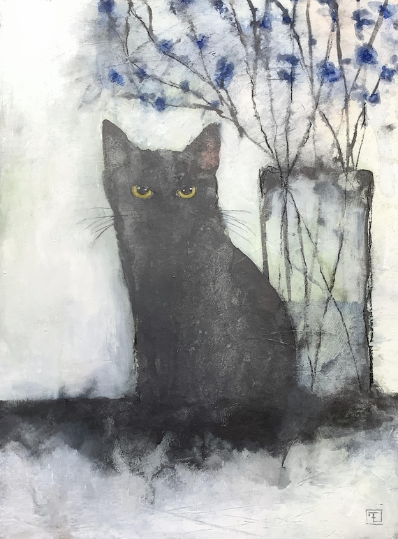 Black cat and blue flowers, original abstract painting, Eva Fialka