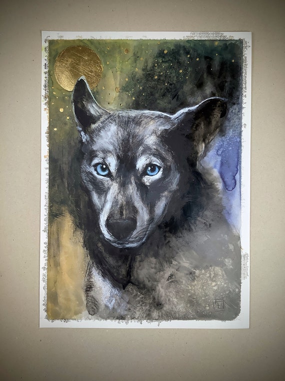 Full moon, acrylic and watercolor wolf painting, Eva Fialka original artwork