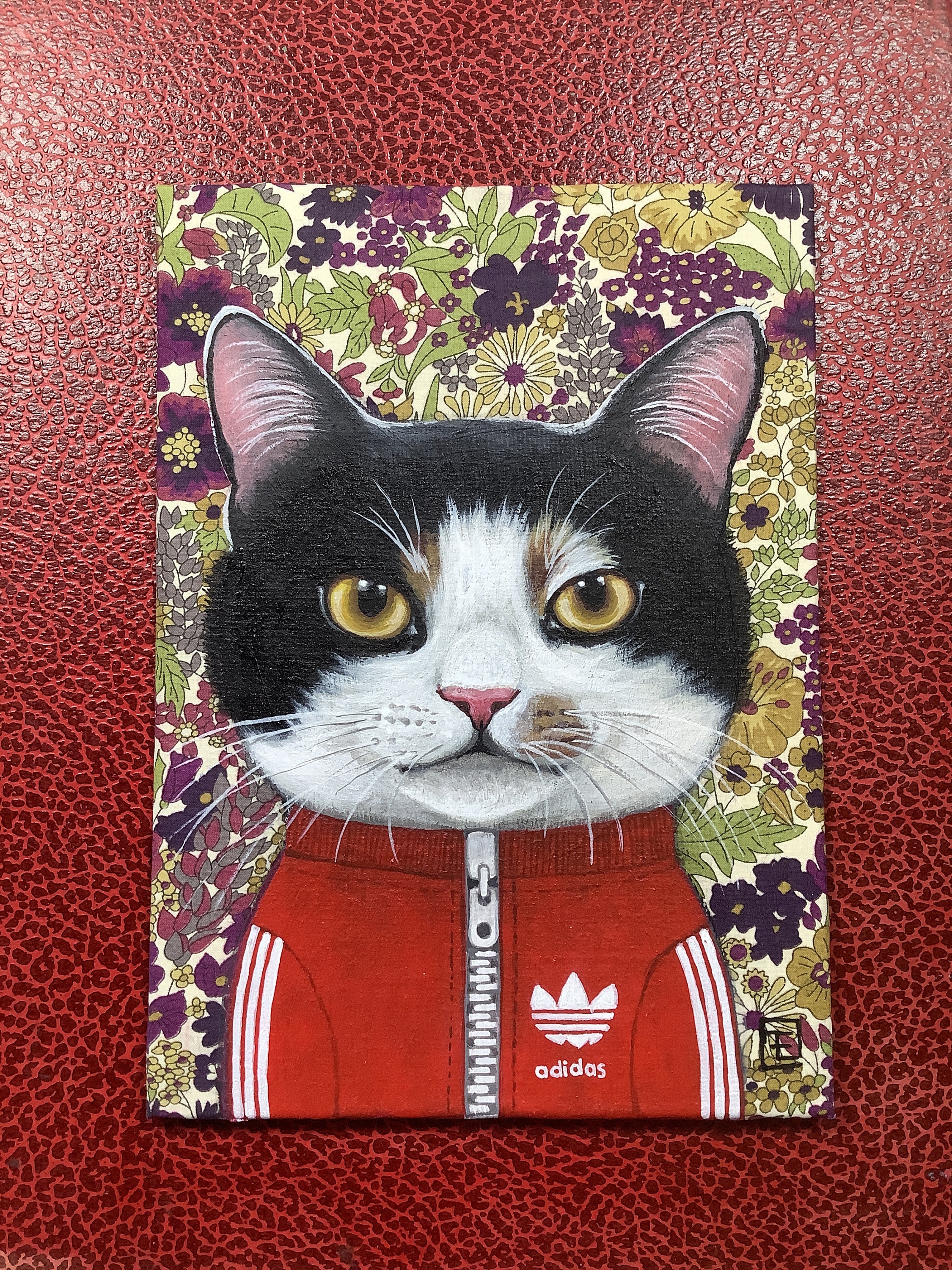 Max portrait of kitten in tracksuit original acrylic painting Eva Fialka