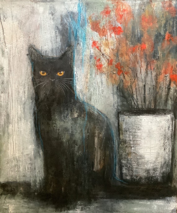 Amaris, abstract black cat portrait with red flowers, original acrylic painting on canvas, Eva Fialka