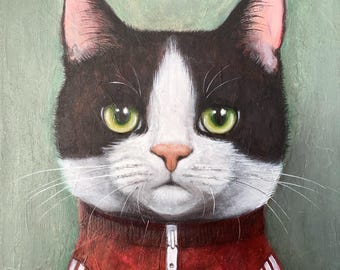 Olaf, portrait of a cat in a tracksuit, original painting, acrylic on canvas. Eva Fialka