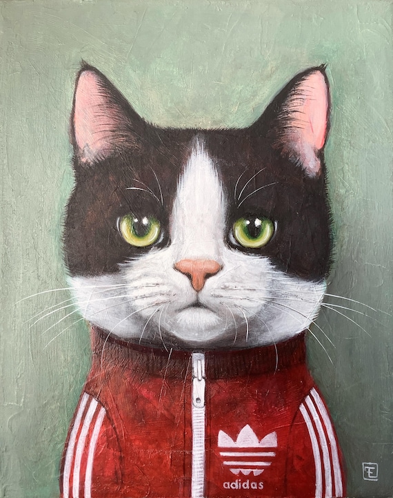 Olaf, portrait of a cat in a tracksuit, original painting, acrylic on canvas. Eva Fialka