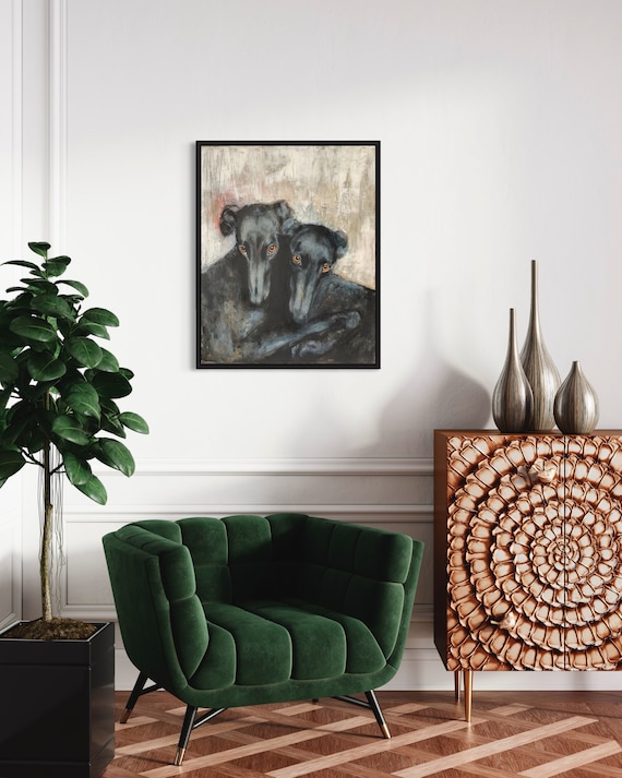 Blue dogs, abstract greyhound portrait, original acrylic painting, Eva Fialka