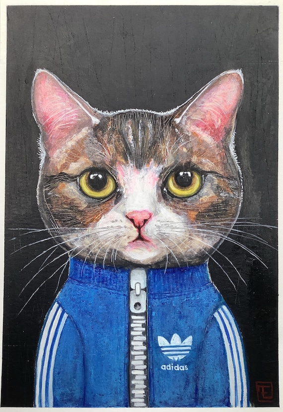 Tom, portrait of a tabby cat in a tracksuit, original painting by Eva Fialka