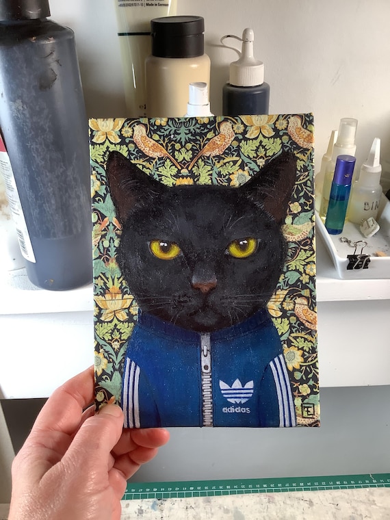 Ali, portrait of a black cat in a tracksuit, original acrylic painting on canvas, Eva Fialka