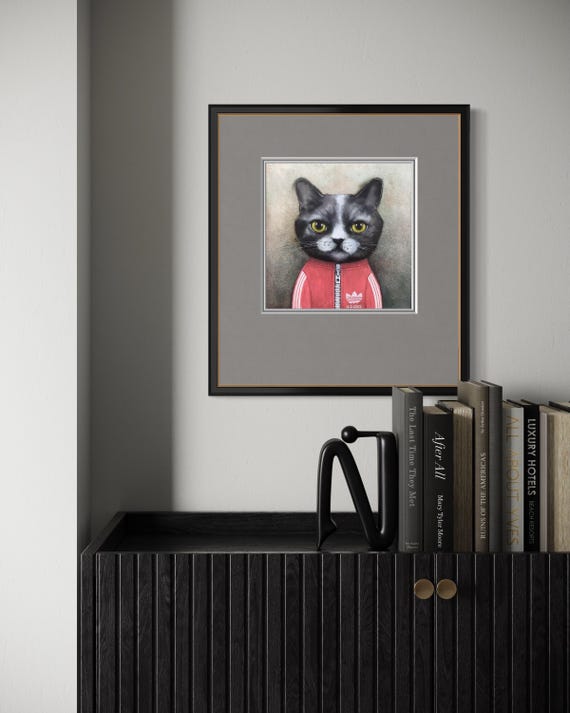 Albert, portrait of a cat in a tracksuit, original watercolor painting on paper, Eva Fialka