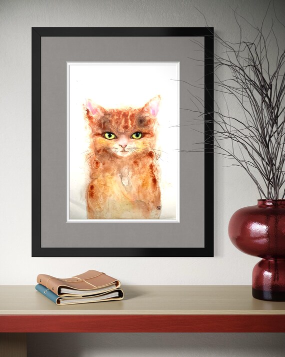Yellow kitty, Portrait de chat roux peinture originale de Eva Fialka