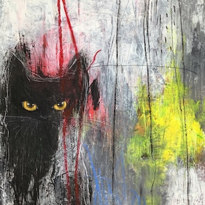 Luna, chat noir abstrait, peinture originale acrylique sur carton entoilé, Eva Fialka