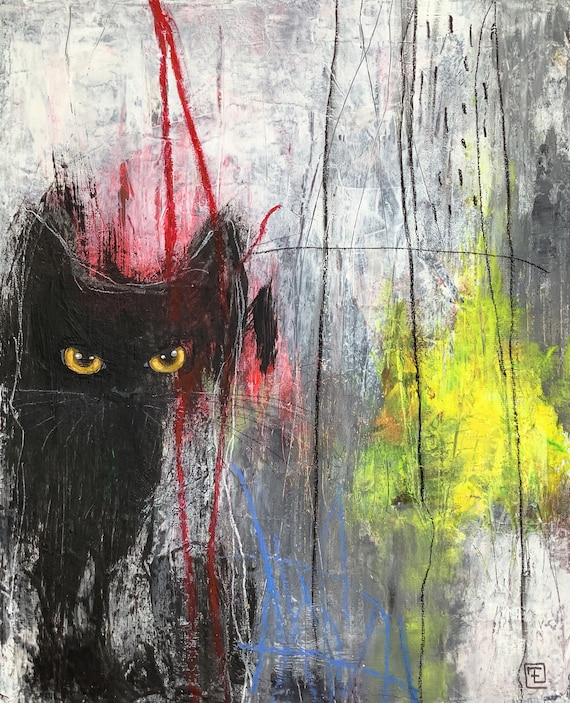 Luna, abstract black cat, original acrylic painting on canvas board, Eva Fialka